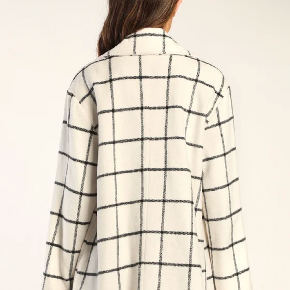 Lulus Snowy Streets Ivory Grid Print Double Breasted Coat White - Size M - Picture 4 of 5